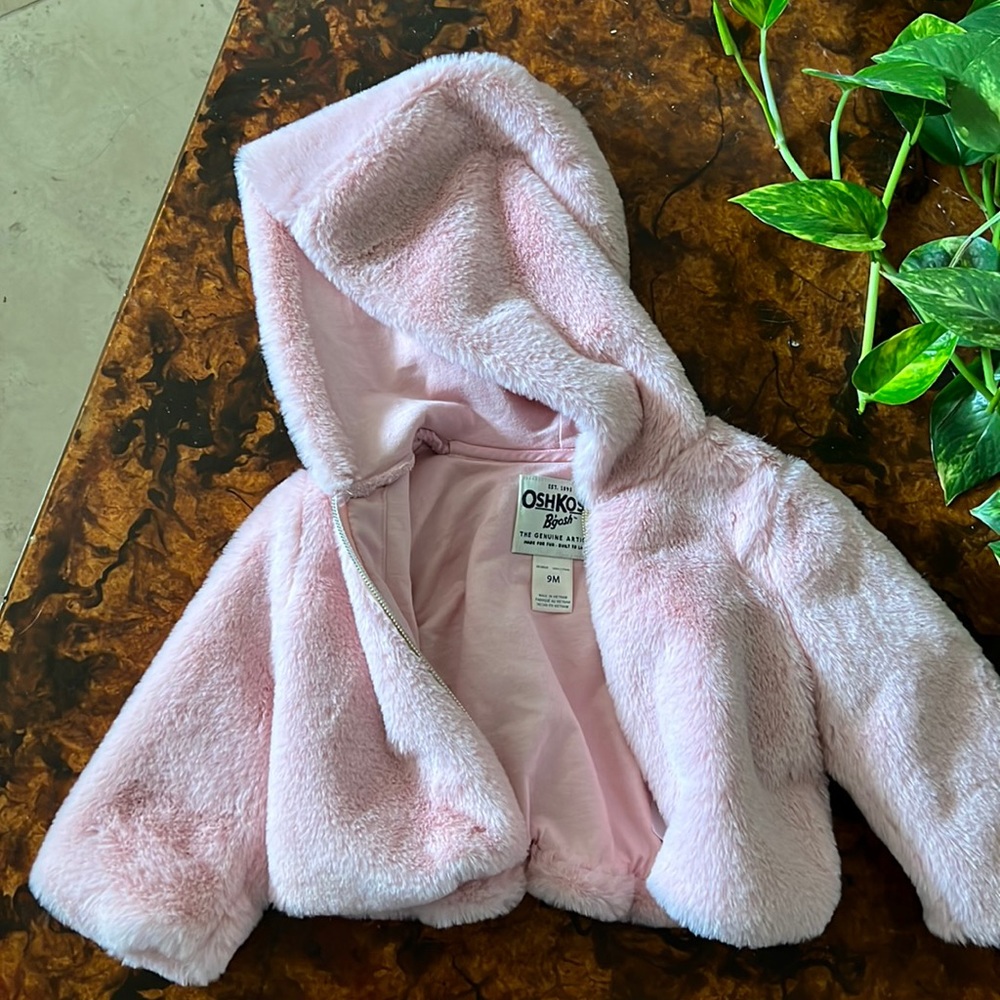 Oshkosh Fuzzy Fluffy Puffy Baby Pink Jacket Zip Up